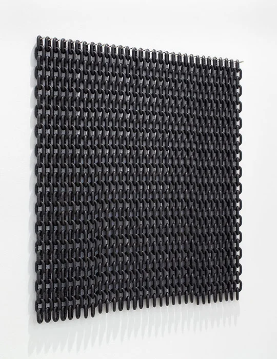 Davina Semo, YOU ASSEMBLE ABOUT YOURSELF THE DARKNESSES THAT PRESS UPON THE MAGGOTS, 2011, black painted steel chain, 36 x 36 in