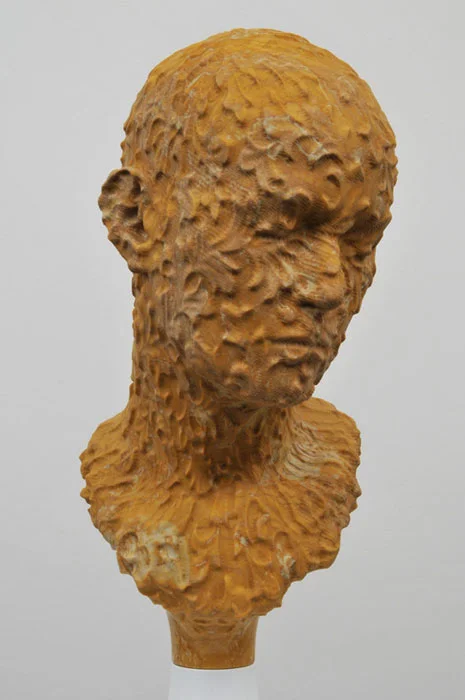 Barry X Ball, Single 65%-scale Jeanne portrait , 2007-2009, Portuguese gold marble, aluminum, stainless steel, wood, acrylic lacquer, nylon, plastic, 65.25 x 8.5 x 8.5 in