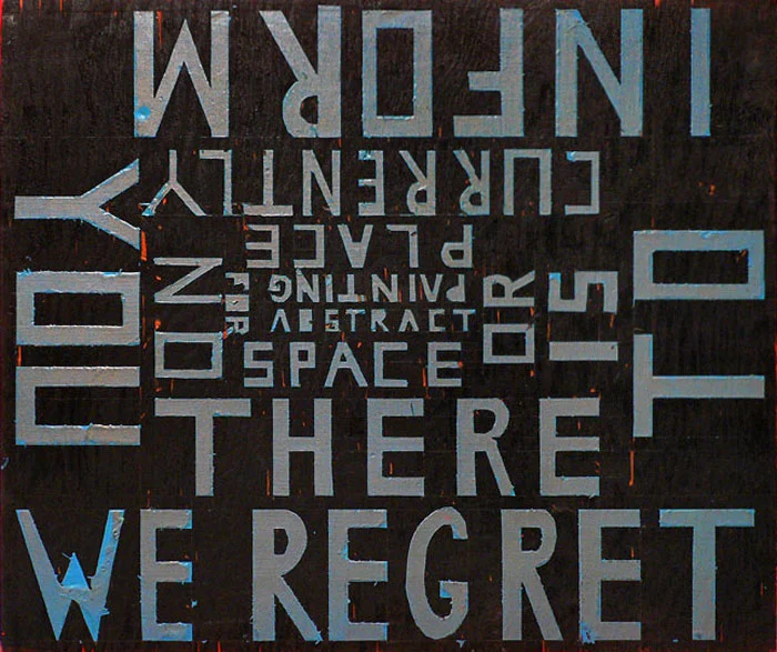 Jules de Balincourt, We Regret To Inform You There Is Currently No Space Or Place For Abstract Painting , 2004, oil, enamel and spray paint on board, 10.25 x 12.75 in