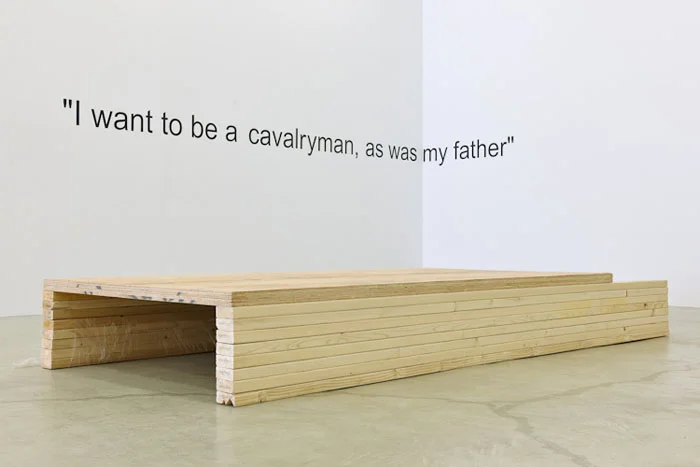 Bozidar Brazda and Caroline Snow, The Feral Child Has No Use For Art (detail), 2011, wood, plastic, vinyl text, clay, guitar amp, iPod, dimensions variable