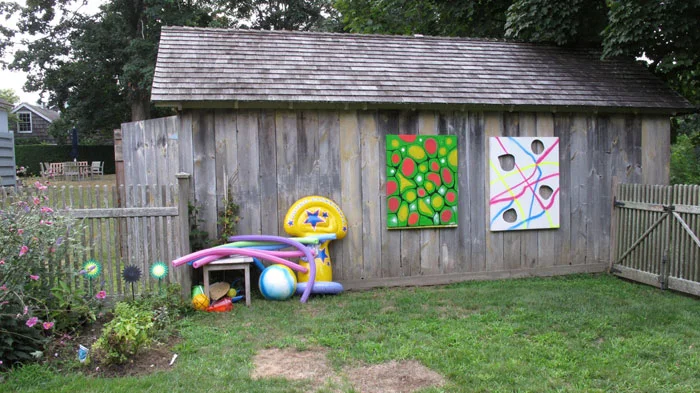 Chris Martin, Green One , 2008-9, Mixed media on canvas, 43 x 34 in and Chris Martin, Painting with Three Banana Peels and Four Holes , 2009, Mixed media on canvas, 45 x 37 in