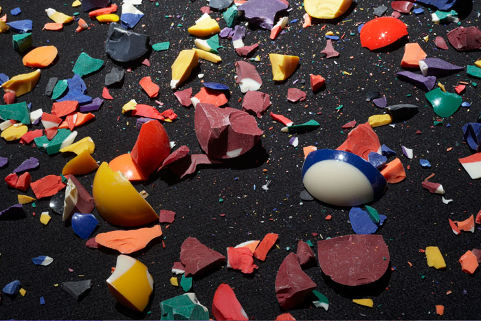  Curtis Mitchell,&nbsp; Once Upon A Time in The West (detail),  2009,   video installation, felt, broken billard balls, dimensions variable 