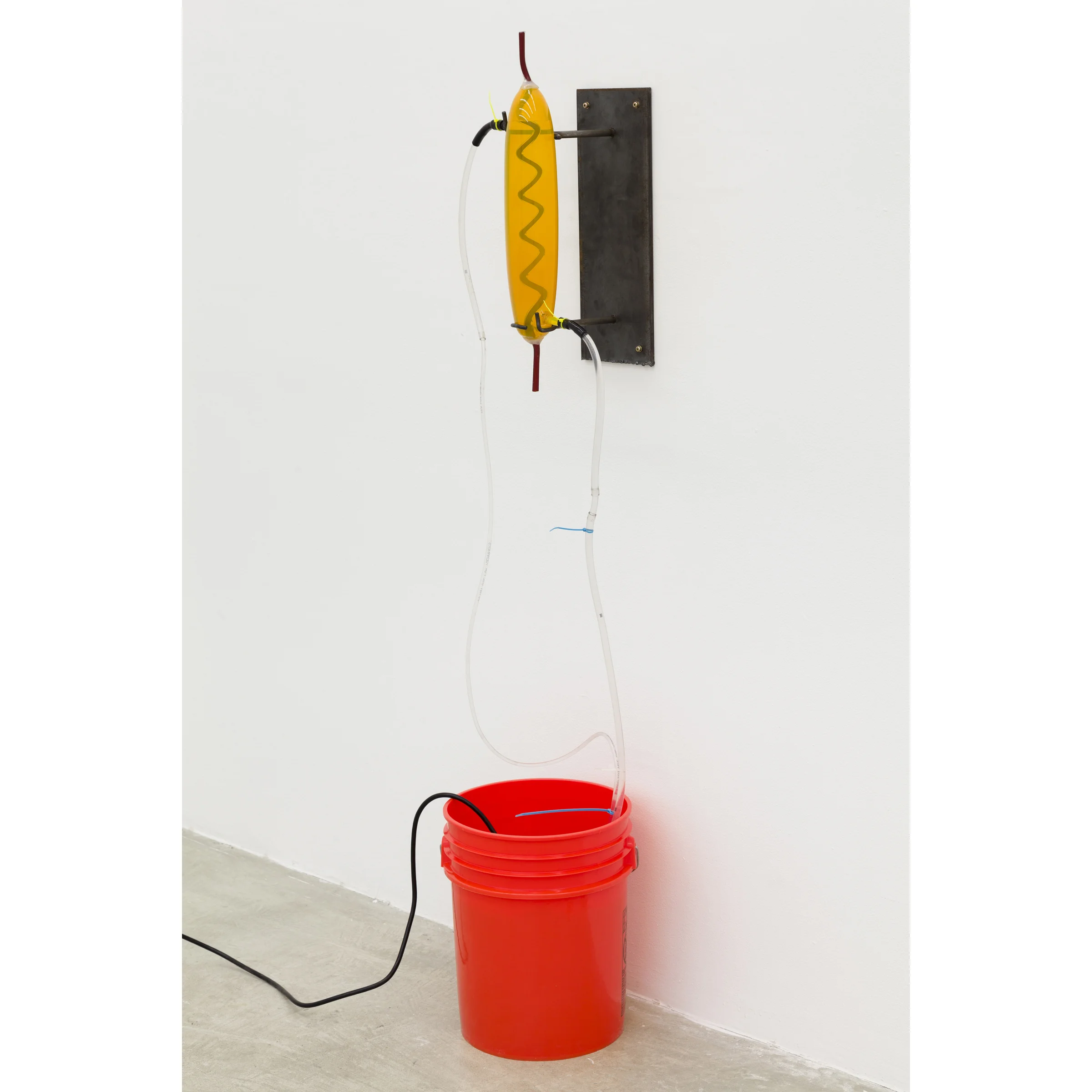 Elias Hansen, Could've been worse , 2012, bucket, glass, silicone, steel, vinyl, water, water pump, dimensions variable