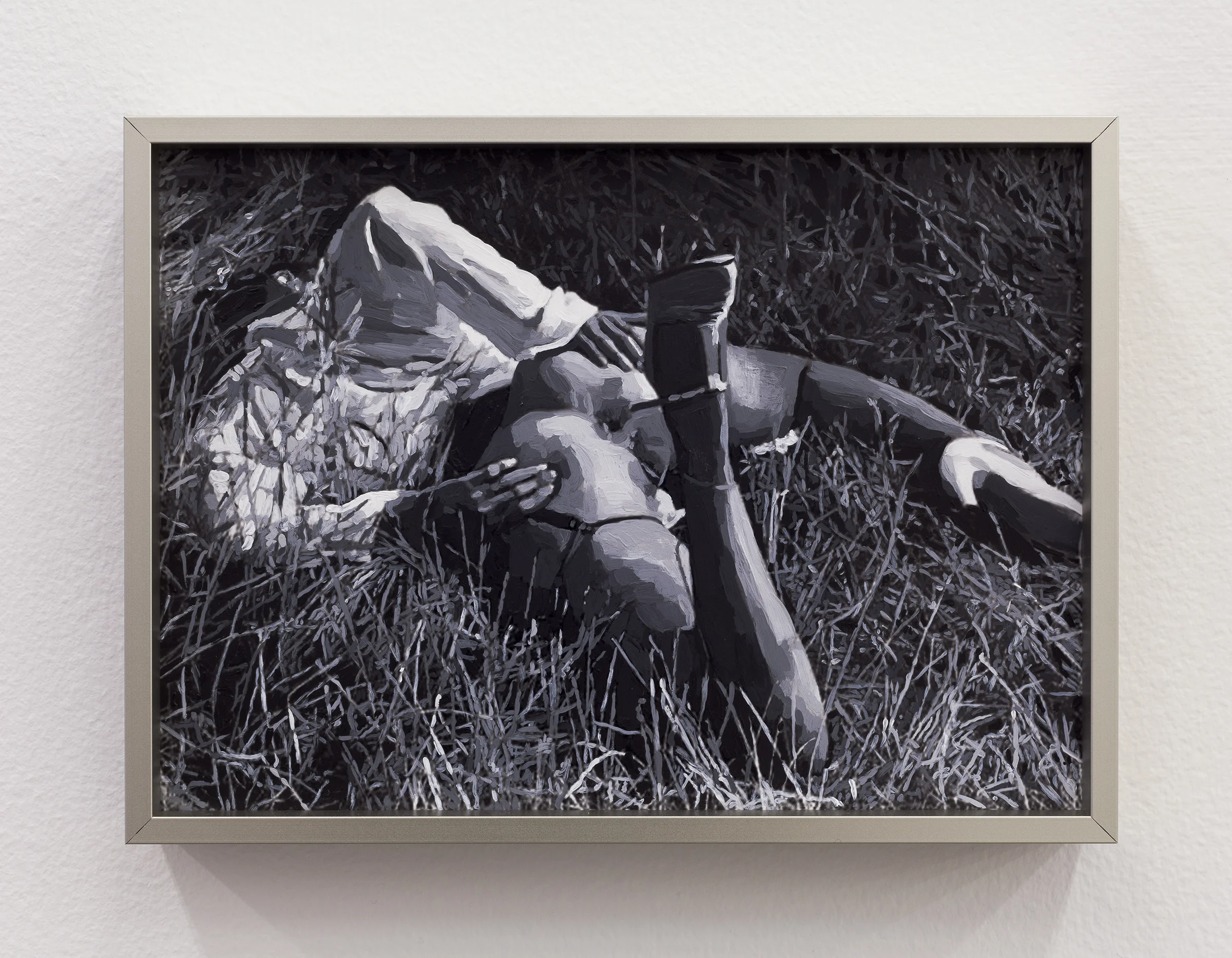 Aura Rosenberg, Untitled (Woman on her stomach in the Grass, B/W) , 2012, inkjet print, acrylic paint, 5.75 x 7.75 in