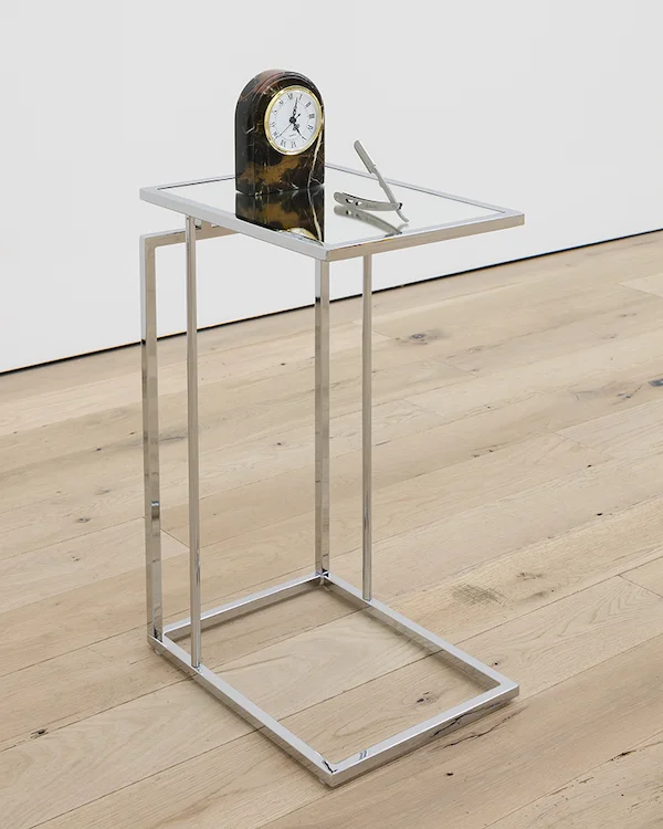 Kayode Ojo, A Straight Razor in the First Act (Chrome Brown Marble) , 2018, Polaris Clock Black & Gold Marble, Classic Samurai CS-102 Stainless Steel Professional Barber Straight Edge Razor, Colbi Glass-Topped C-Table - Holly & Martin, 32 × 12 × 16 in.