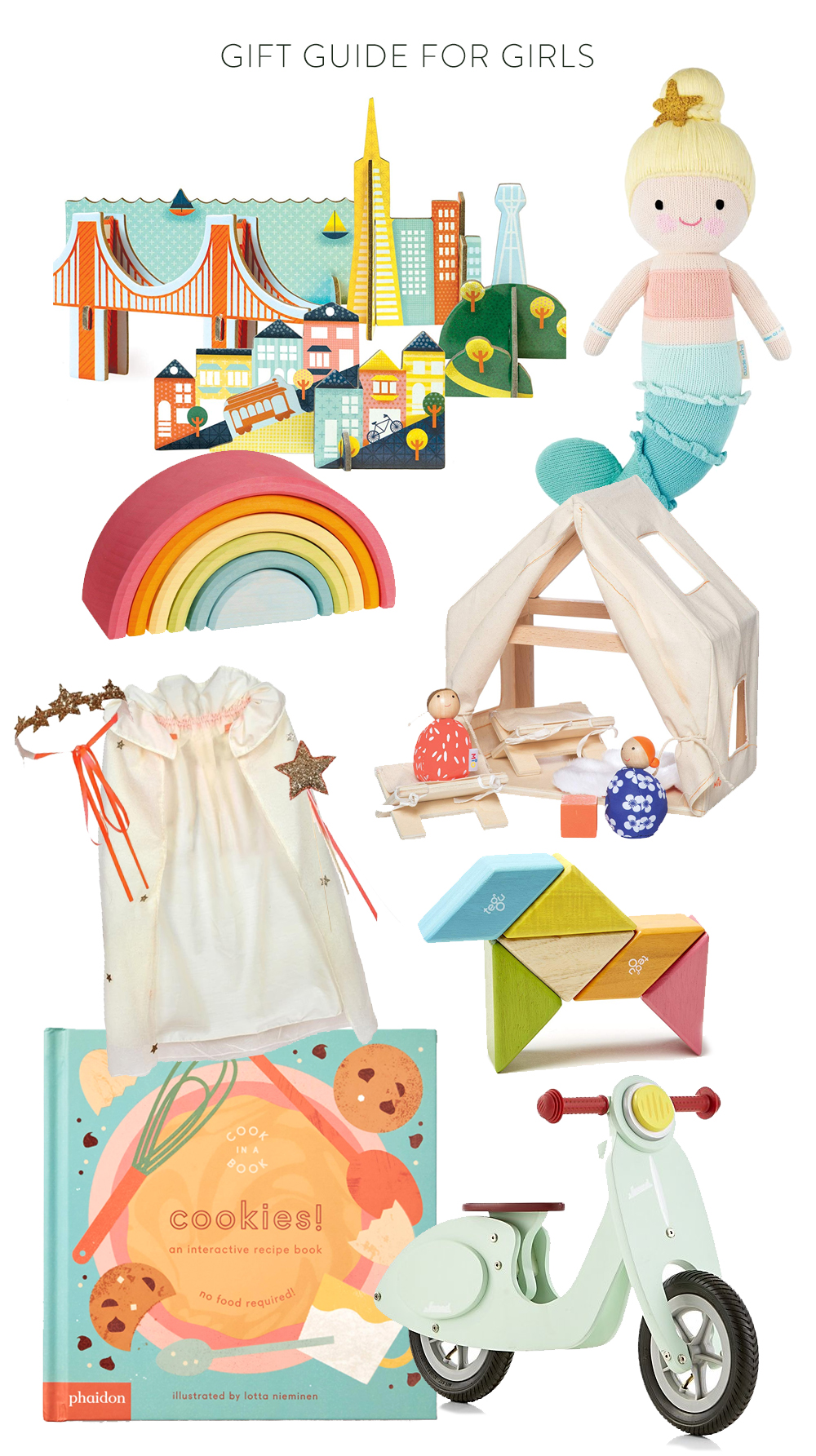 1. San Francisco pop-out city | 2. Cuddle + Kind Mermaid | 3. teepee + Doll Set | 4. Stacking wooden rainbow | 5. Princess Dress-up Kit | 6. Tegu Blocks | 7. Cookie book | 8. Ride-on moped