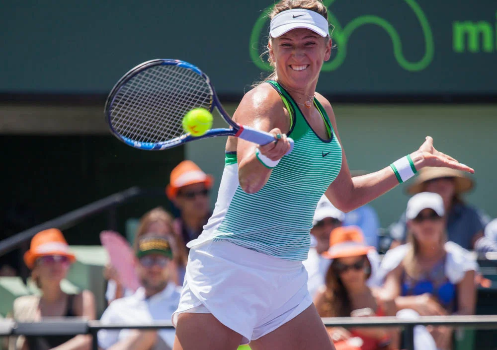 Victoria "Vika" Azarenka returns with her forehand during the 2016 Miami Open final against Svetlana Kuznestova. 