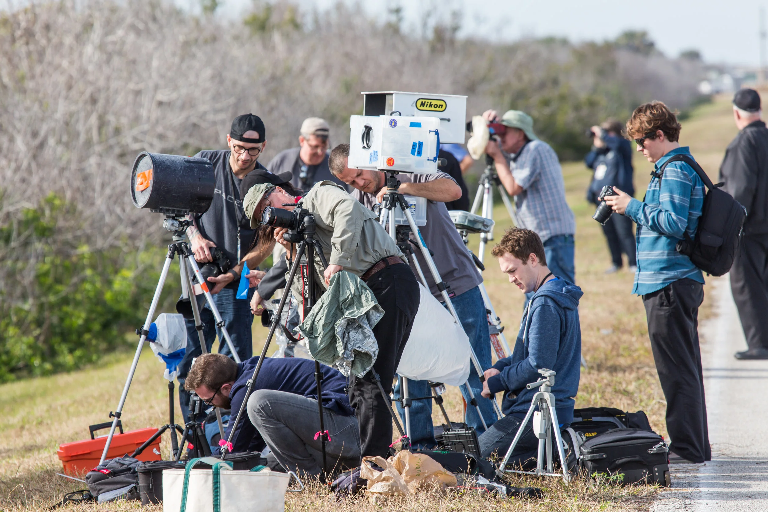Feb 5, 2018. Photographers from different media set up their remote cameras outside Launch Pad 39A at the Kennedy Space Center in preparation for SpaceX’s Falcon Heavy launch.