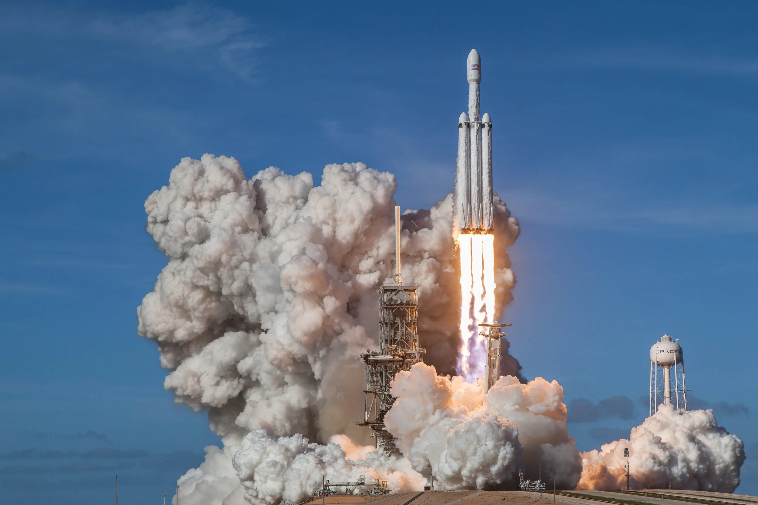 The historic launch of SpaceX's Falcon Heavy rocket, Feb 6th, 2018, from Pad 39A at the Kennedy Space Center.