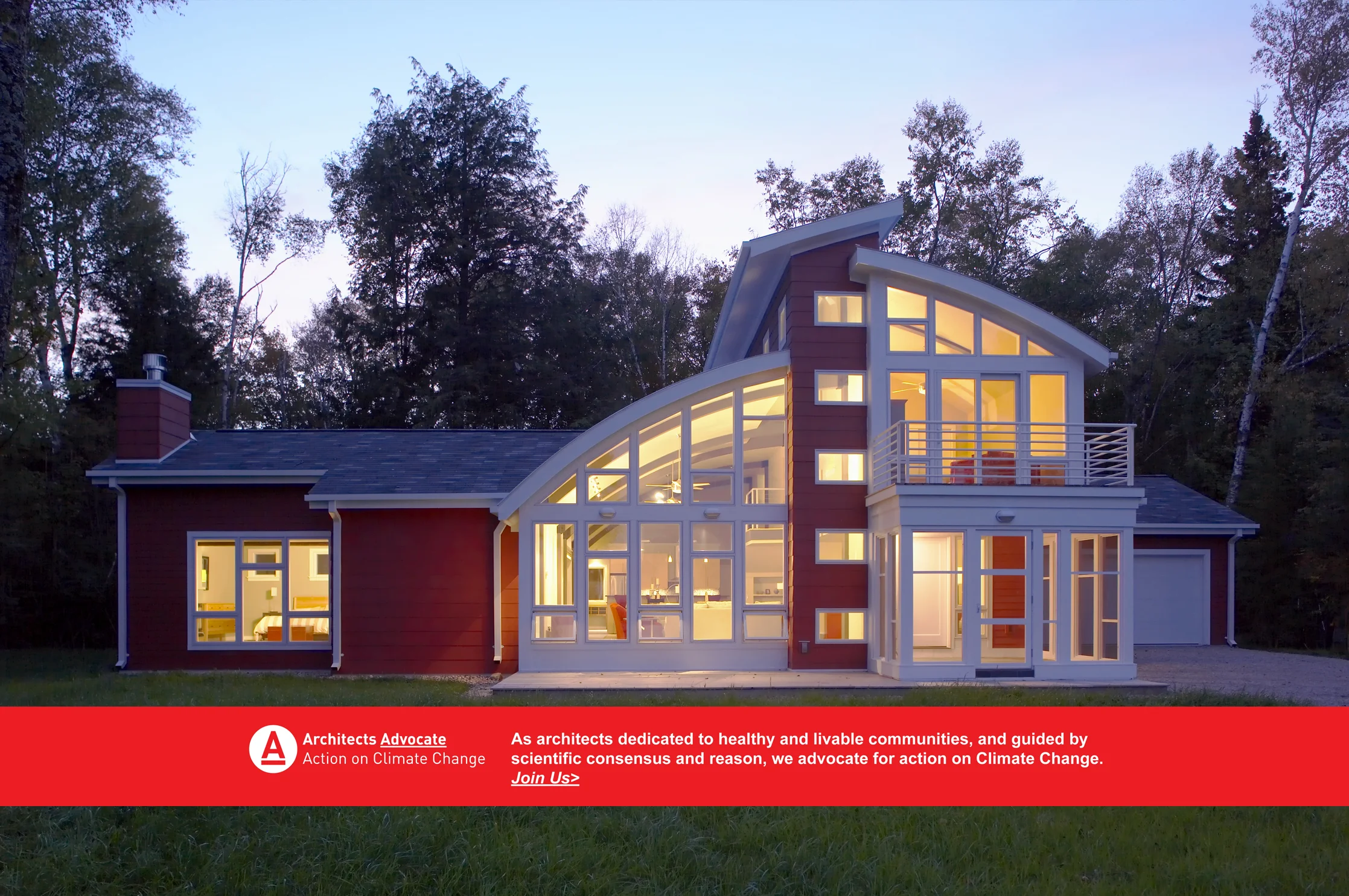 Architects Advocate: Action on Climate Change Vernacular vacation home Sturgeon bay Wisconsin Kipnis architecture + planning sustainable adaptive design award winning barneco-friendly energy efficient FAIA green green building Midwest midwest barn natural daylighting natural ventilation night red standing seam metal roof 