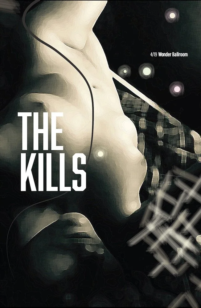Poster for an event at Wonder Ballroom on April 19, featuring artwork of a woman's face and shoulder with text "THE KILLS".