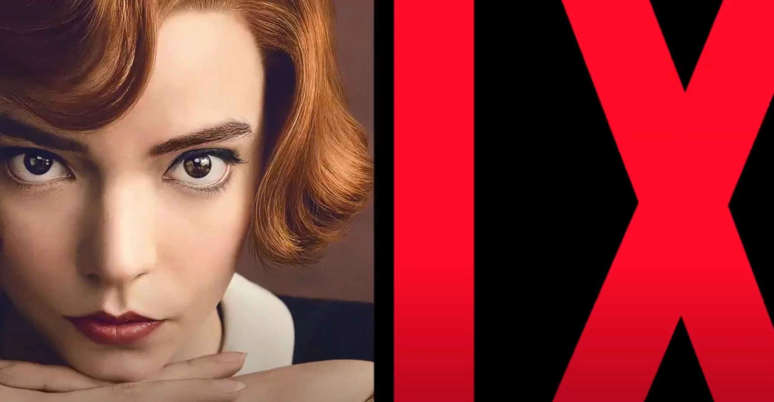 Close-up of a woman with red hair resting her chin on her hands, with the Netflix logo to the right.