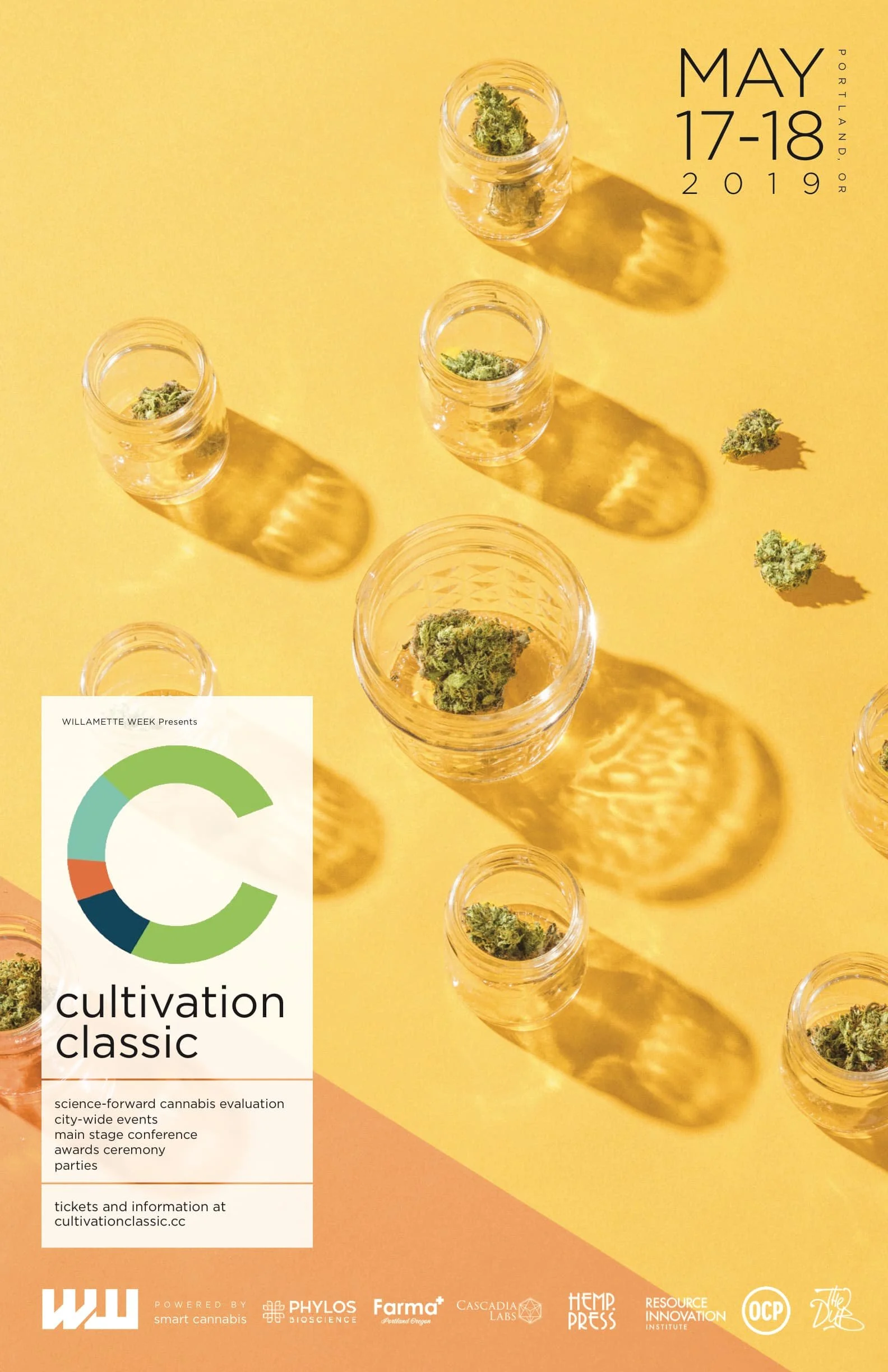 Event poster with yellow background featuring jars of cannabis and cannabis buds, text about cultivation classic event on May 17-18, 2019 in Portland, Oregon, and logos of sponsors including Willamette Week, Phylos Bioscience, Farma, Cascadia Labs, Hemp Press, Resource Innovation Institute, OCP, and others.