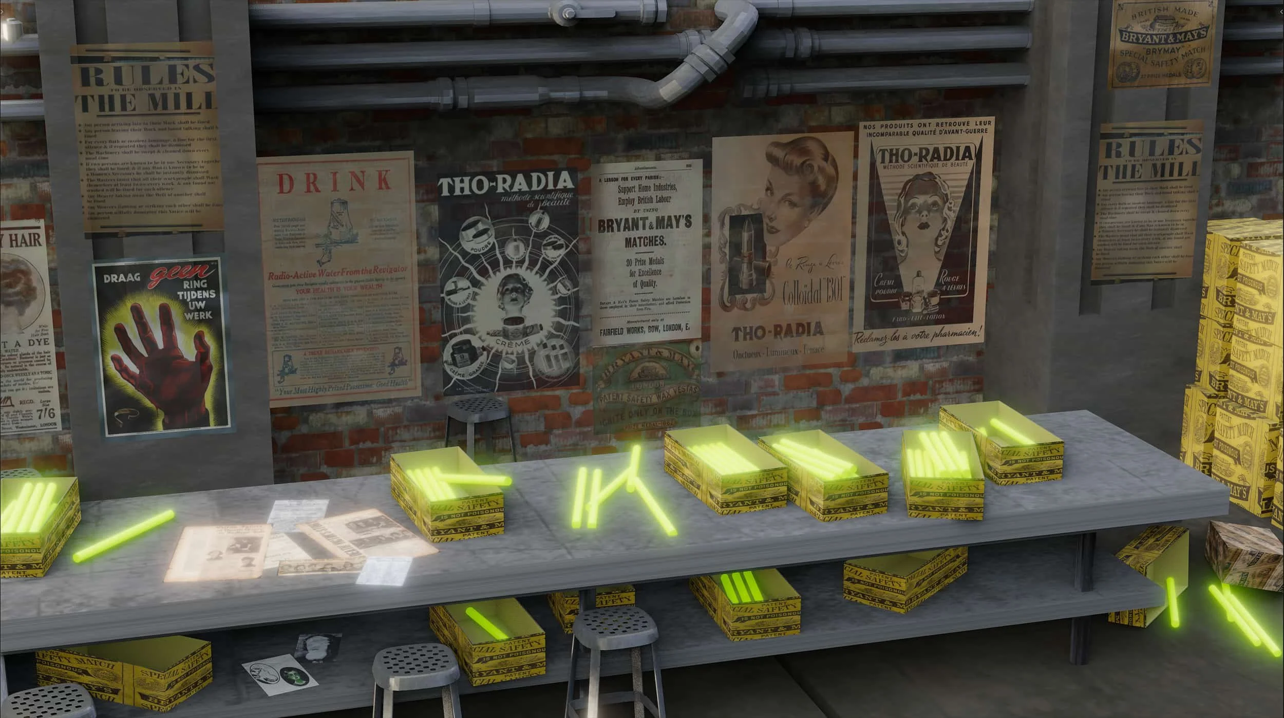 Display of vintage posters on a brick wall, with yellow safety boxes and neon green safety sticks on a counter.