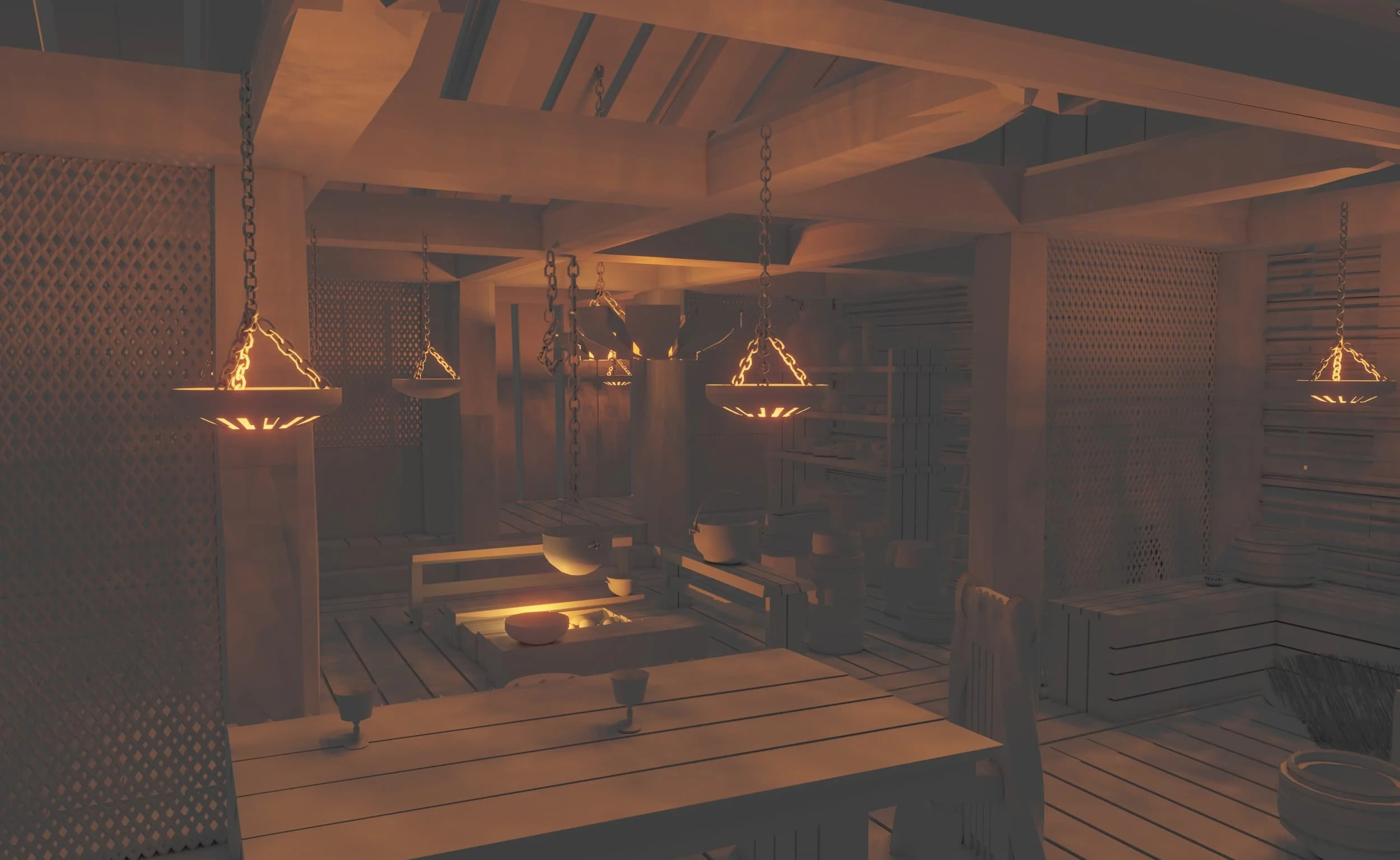 Interior view of a wooden sauna room illuminated by hanging warm yellow lights, with benches, a table, and sauna accessories.