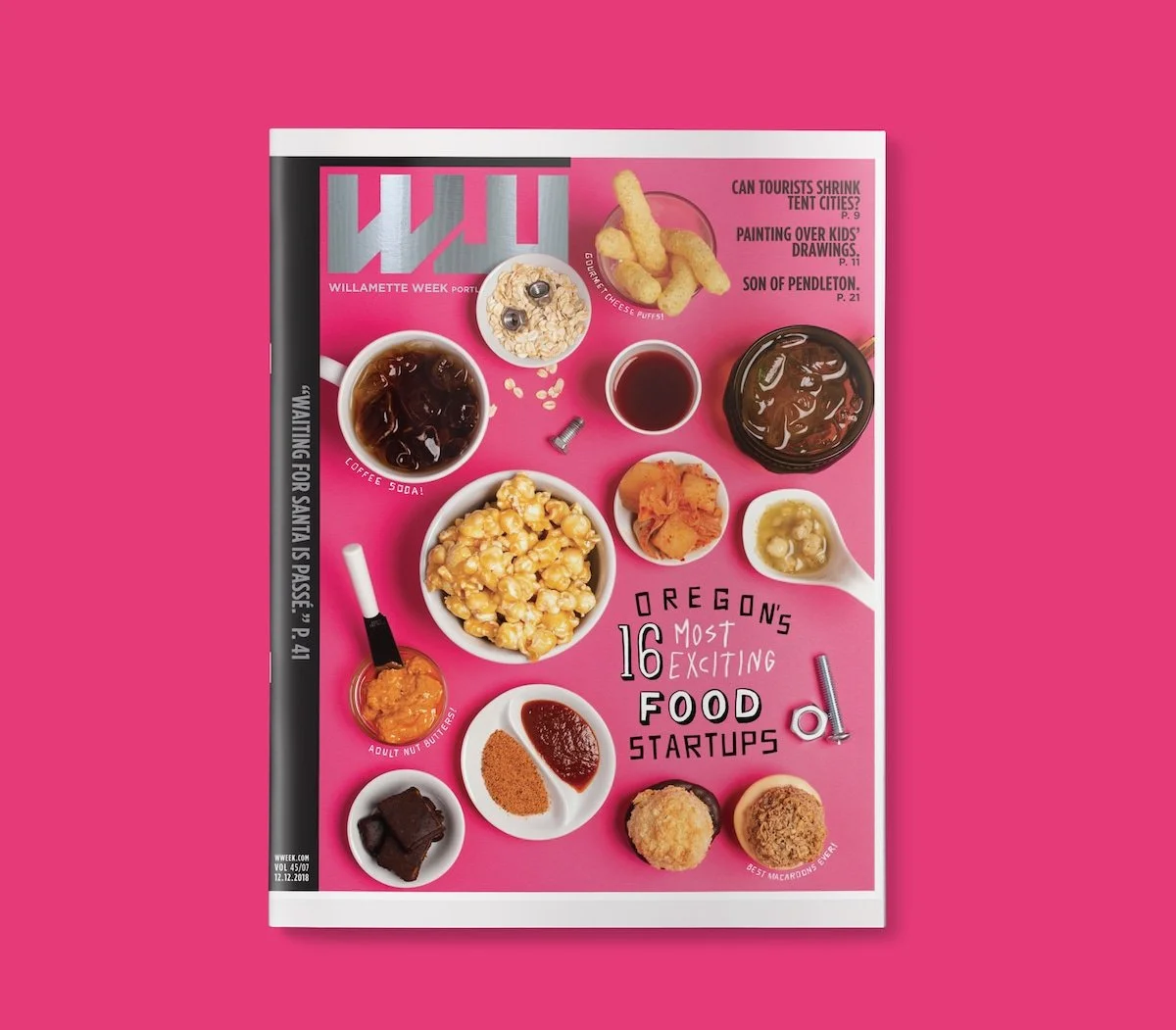 Magazine cover featuring various food items against a pink background, highlighting Oregon's 16 most exciting food startups.