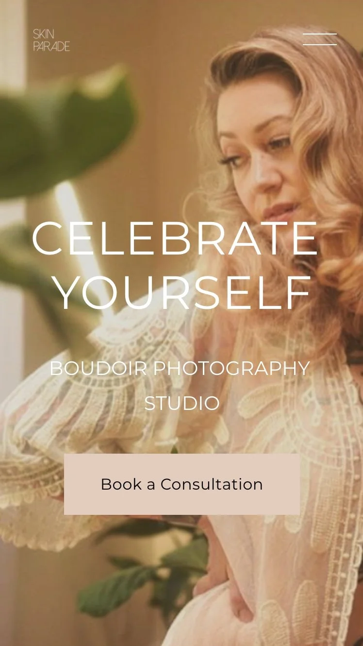 A woman with long, curly blonde hair looking at a plant, promoting a boudoir photography studio with a message encouraging celebration and bookings.