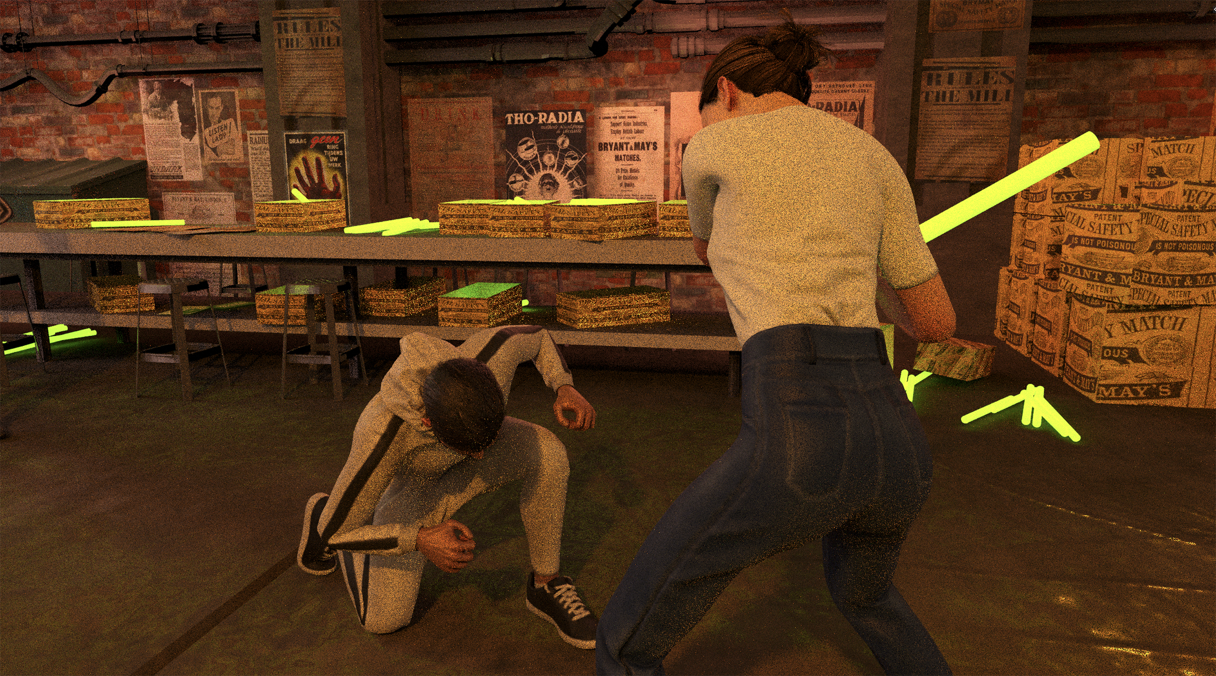 Two women are in a fight inside a store, with one woman in a kneeling position appearing to be falling or being punched while the other woman stands, ready to strike. The background shows shelves stacked with yellow and black boxes and posters on a brick wall.