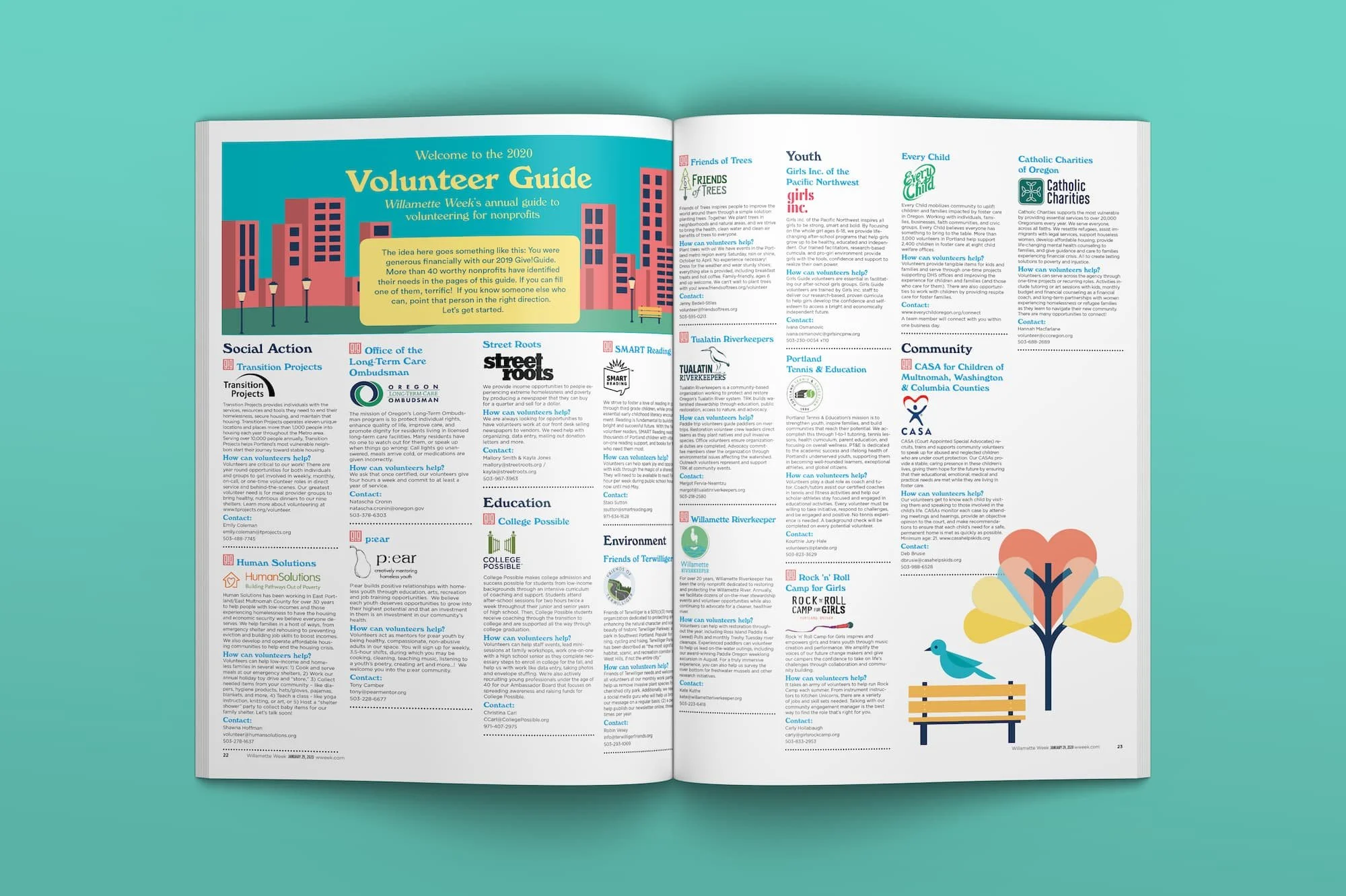 Open magazine with colorful illustrations of buildings, trees, and a duck next to a bench, featuring a volunteer guide for a nonprofit organization.