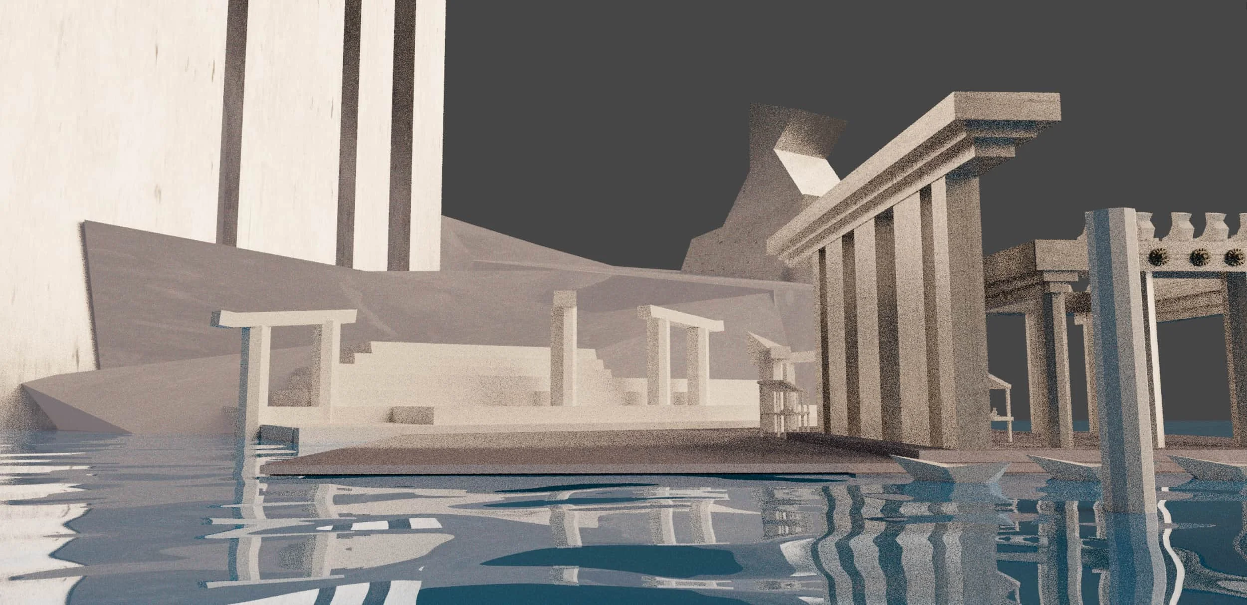 A digital rendering of ancient Greek ruins including columns and a structure, reflected in water at twilight.