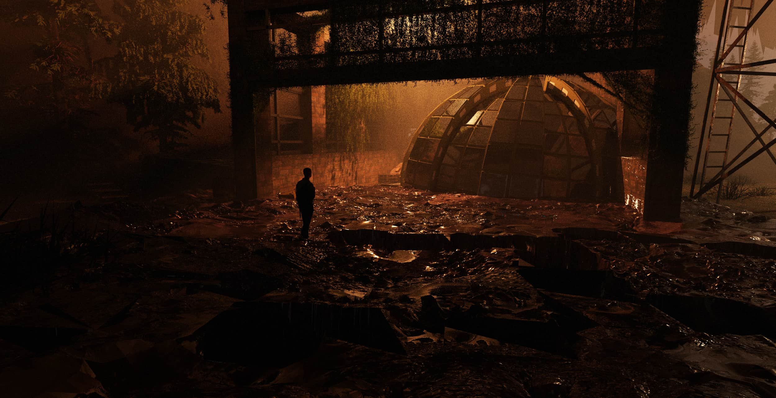 A person standing in a flooded area at night with a large, dome-shaped structure and bridge in the background, illuminated by orange light.