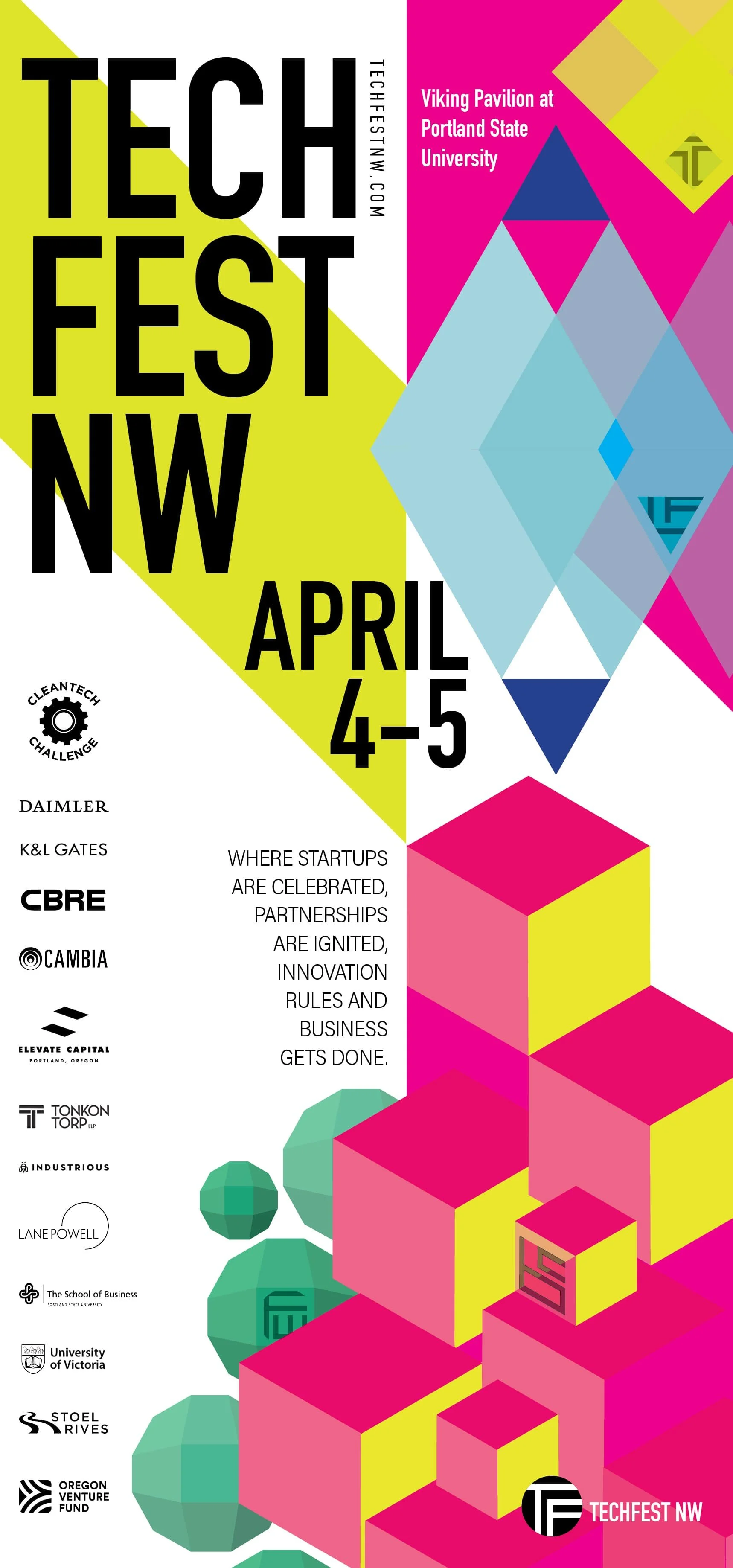 Poster for Tech Fest NW held April 4-5 at Portland State University, featuring sponsors and event information with colorful geometric design.