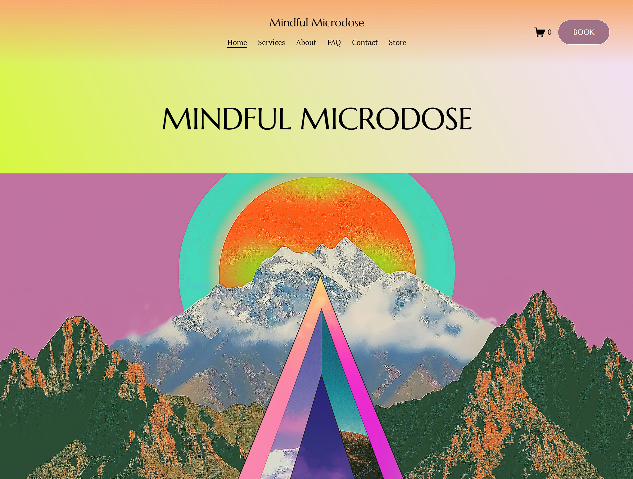 homepage of my mindful microdose website, a collage style image, with a mountain range, a colorful triangle in the foreground, a sun in the background and a pink sky, with the words "mindful microdose" above it.