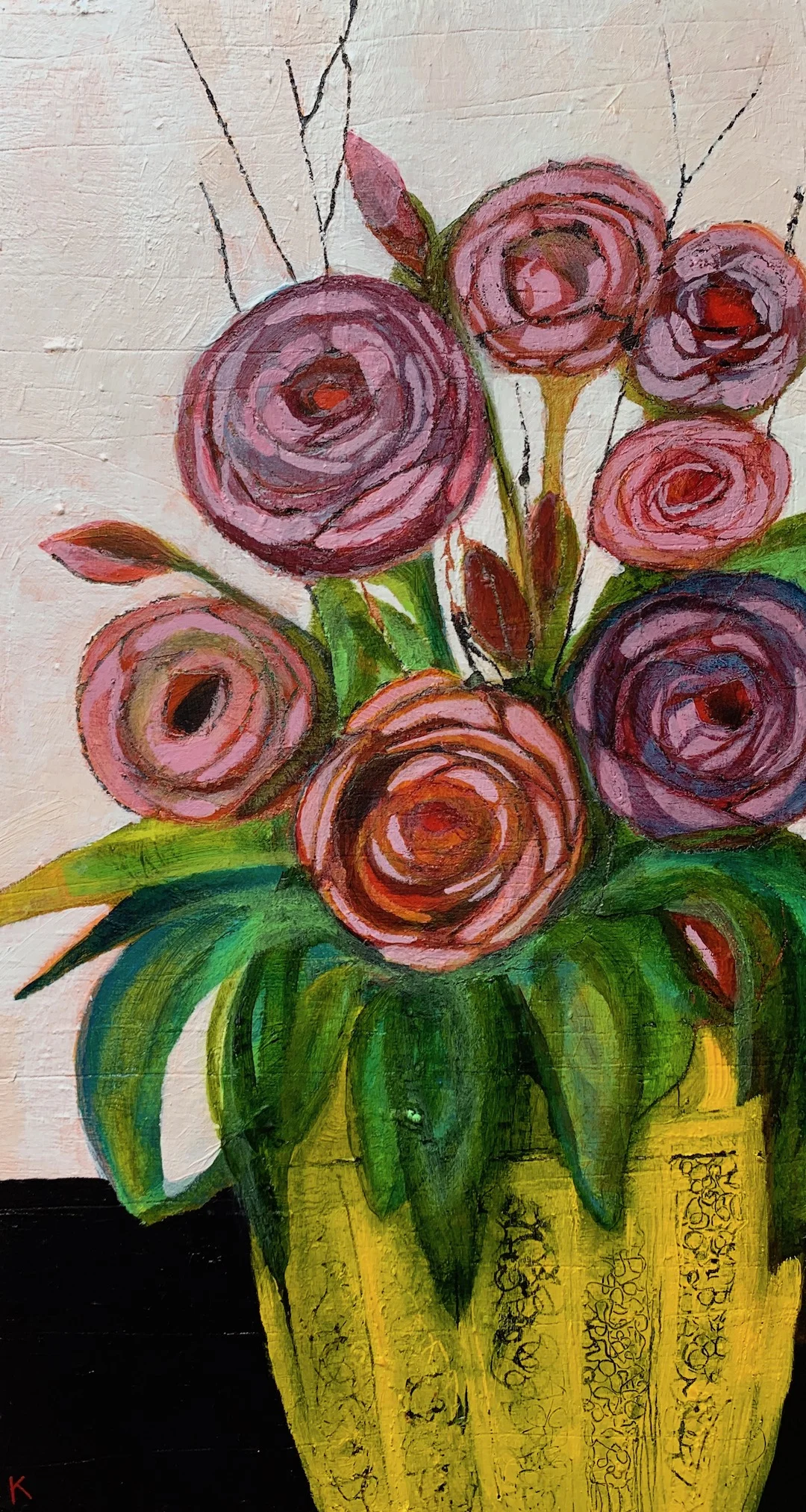 "Decorated Yellow Pot", copper leaf, acrylic on panel, 18" x 10" SOLD