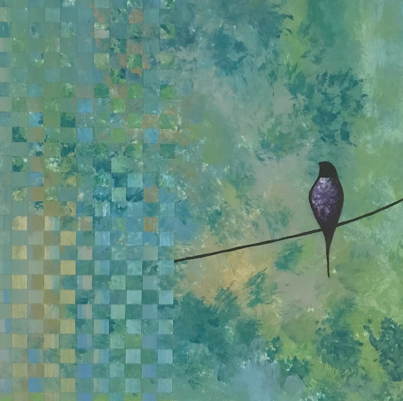 "Mermaids and Meadows II", painted paper weaving, 8" x 8", SOLD