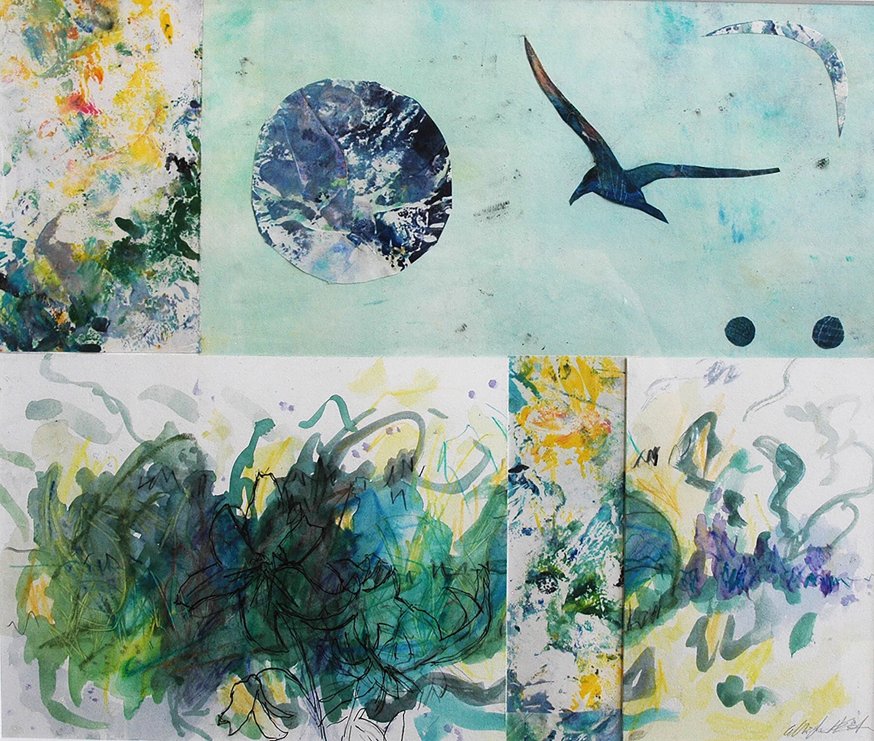 "Once In A Blue Moon", monotype collage, 20" x 23", $450 (framed)