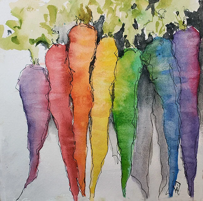 "Carrots For A Cause", watercolor, 12" x 12", $225 (framed)