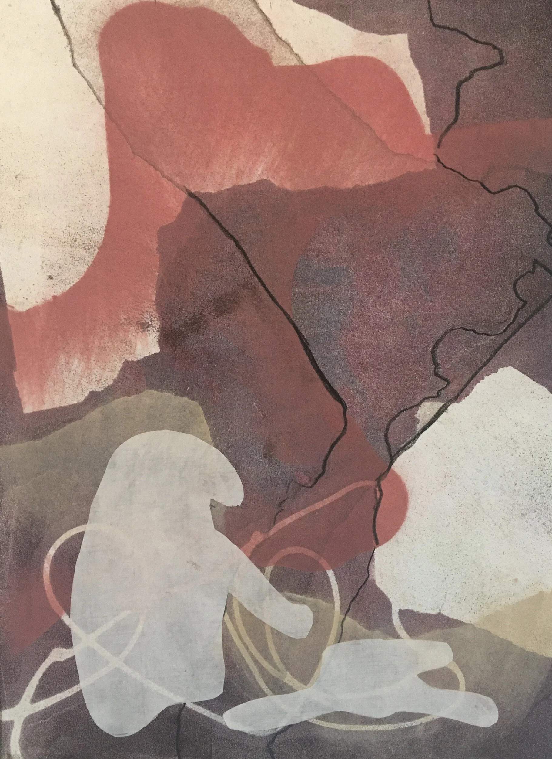 "Walking In A New Land", monotype collage, 12" x 9", $300 (framed) $120 (unframed)