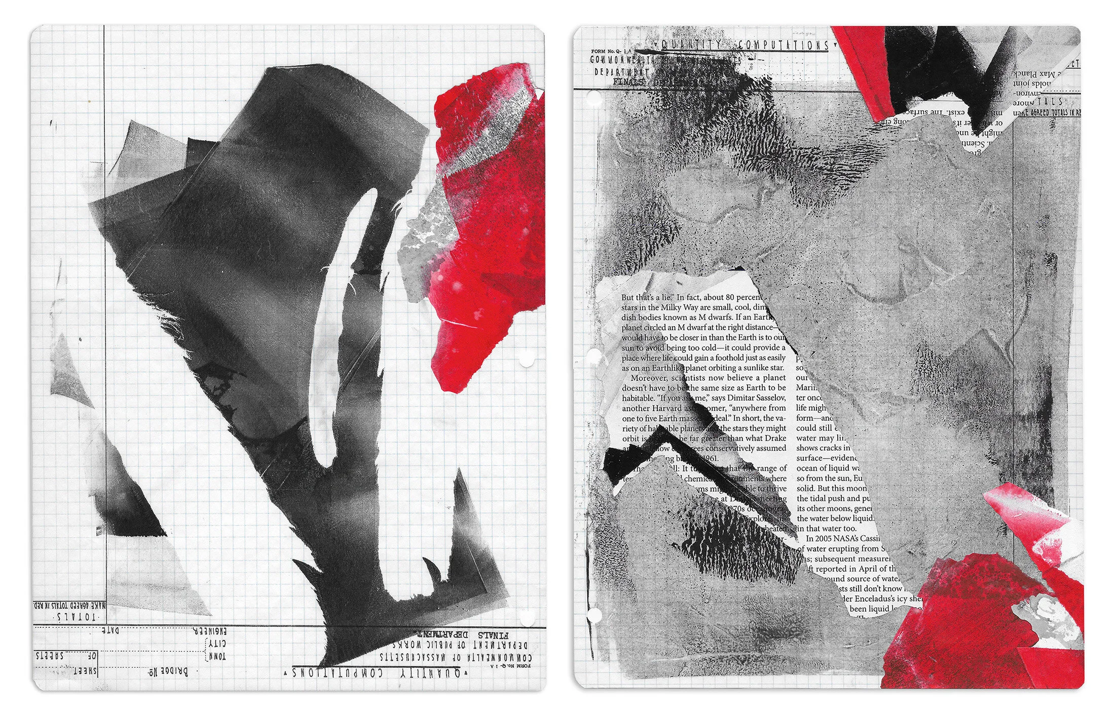 "Quality Computations", diptych, collage on acrylic monotypes, 20" x 16", $700 (framed together), (each image 11" x 8.5")