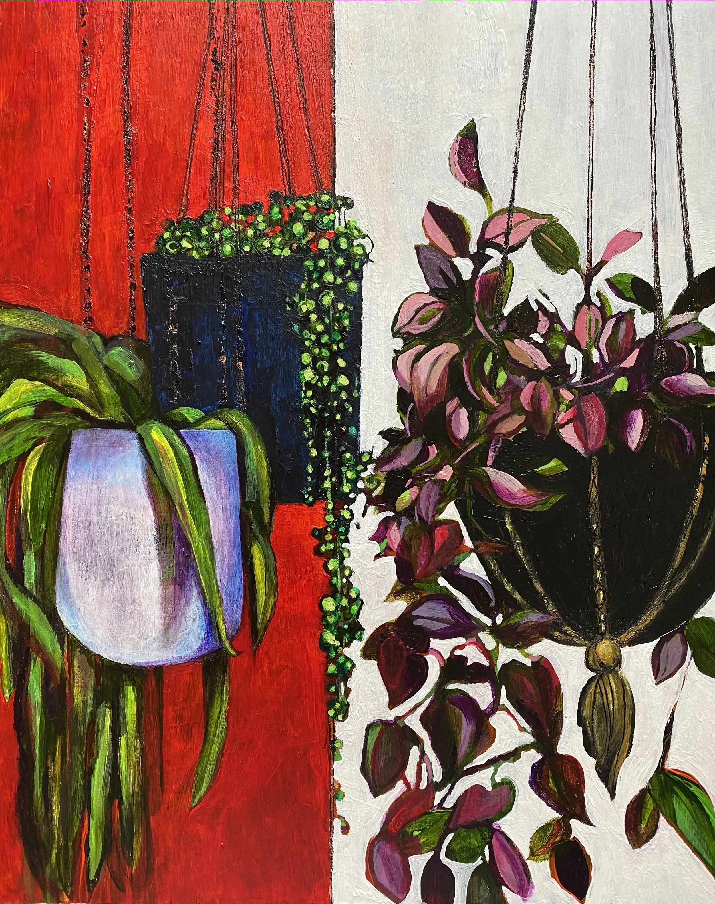 "Three Pots", acrylic &amp; copper leaf on wood. 12" x 9.5", $375 (framed)