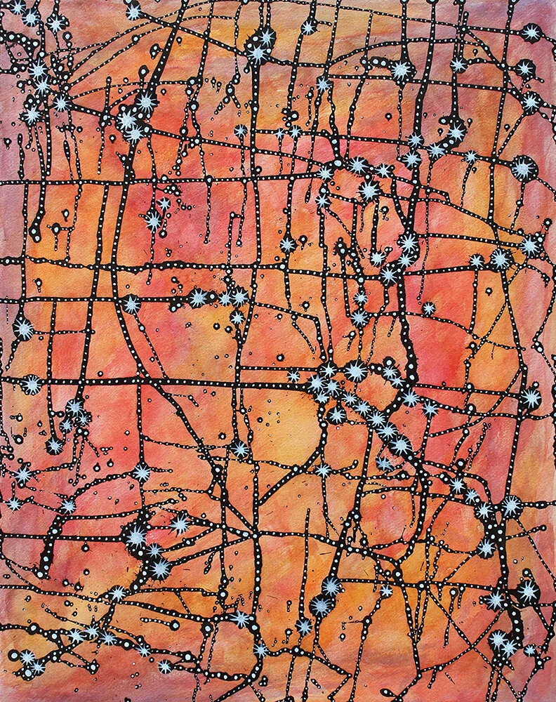 "Sky Tunnels, Red", watercolor &amp; acrylic, 20" x 16", $750 SOLD