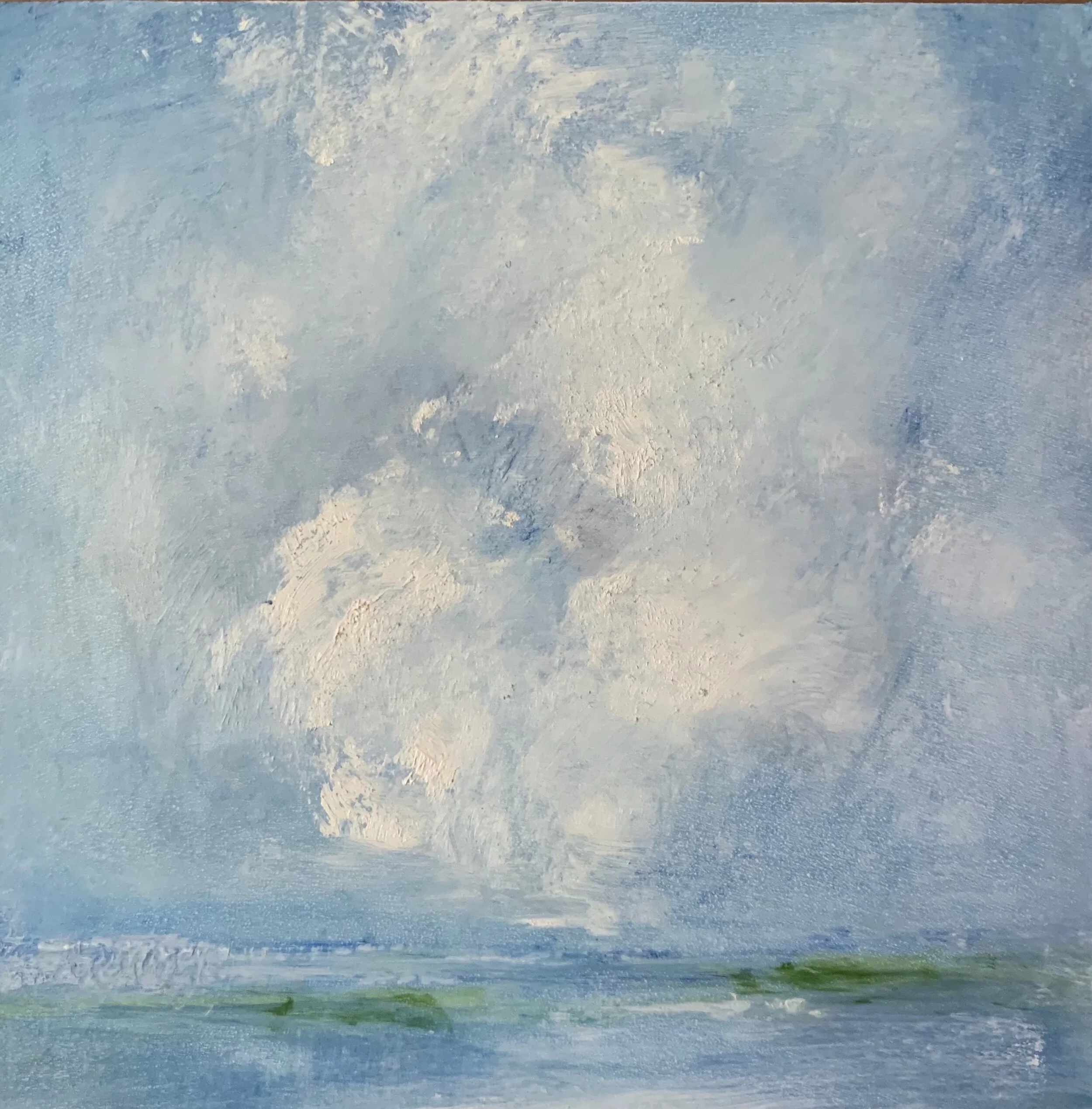 "Thunderheads In The Works", oil on panel, 6" x 6", $150