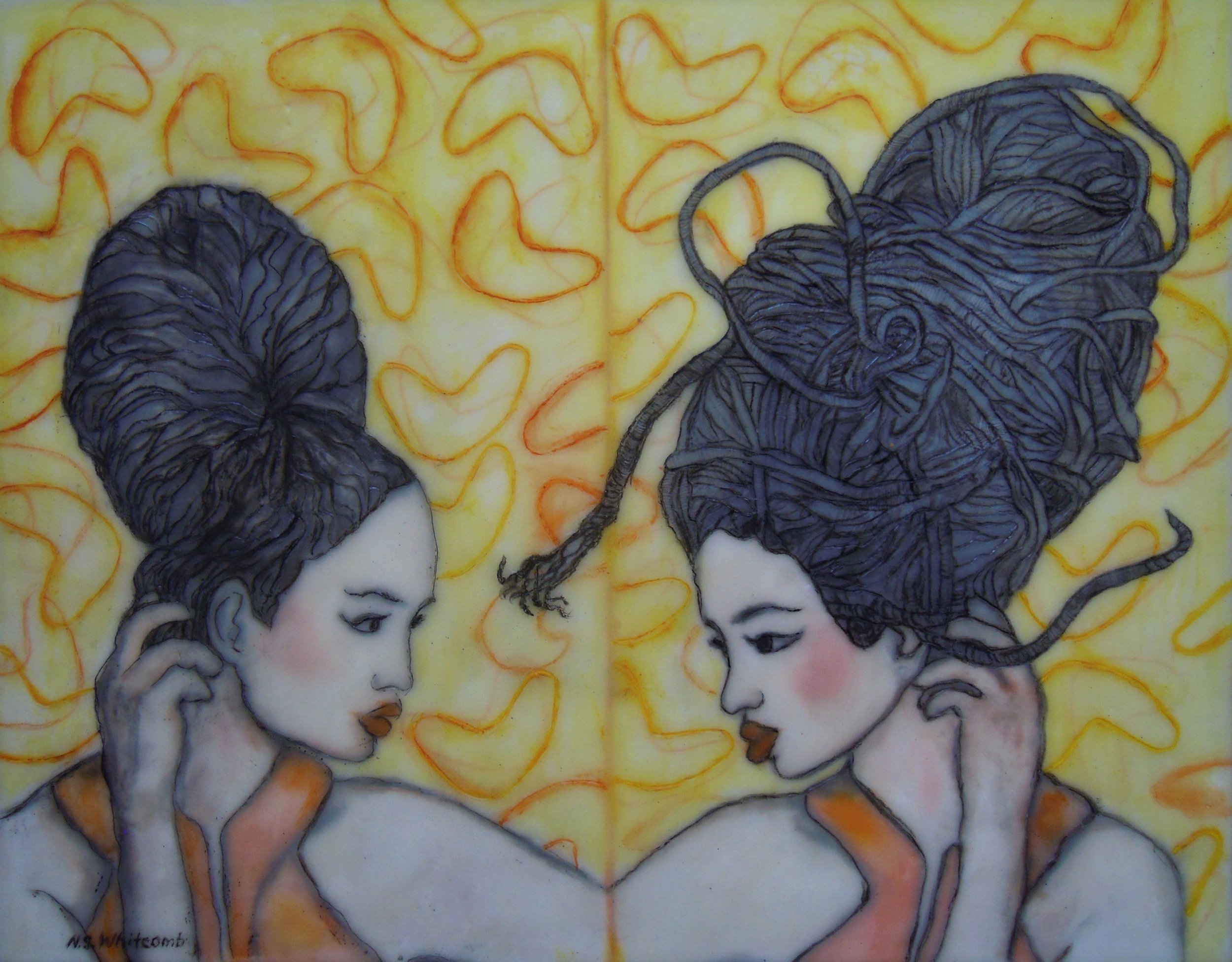 "Beehive Boomerang", encaustic, pigment stick, 11" x 14", $300