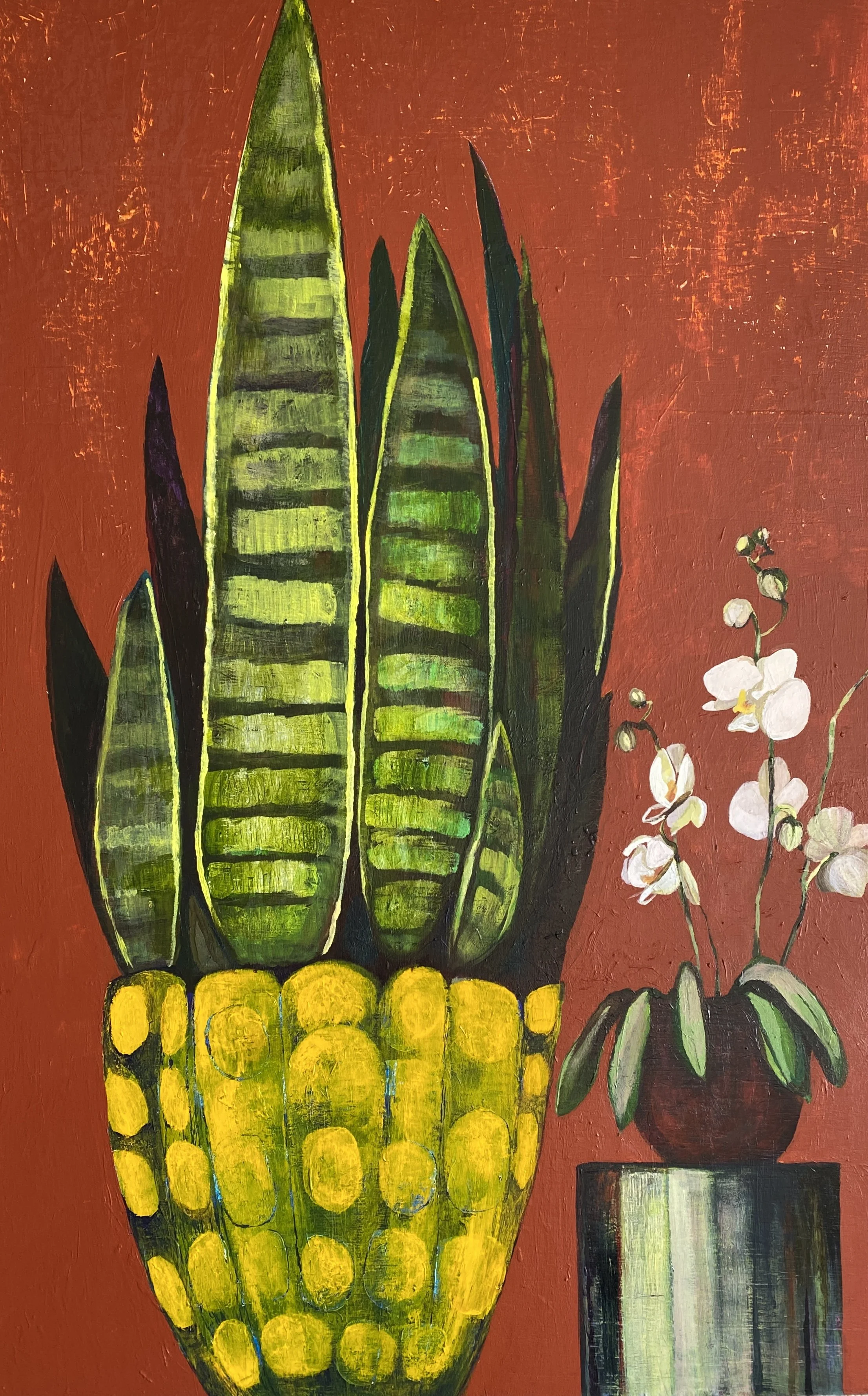 "Two Friends", acrylic and copper leaf on wood panel, 18" x 28.75", $1,000 (framed)