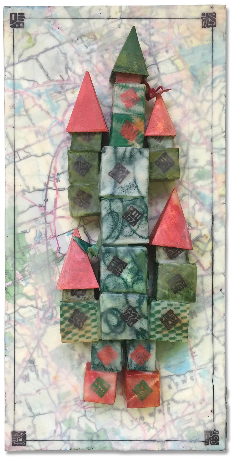 "Uptown", monotypes, origami, encaustic, 16" x 4", $300