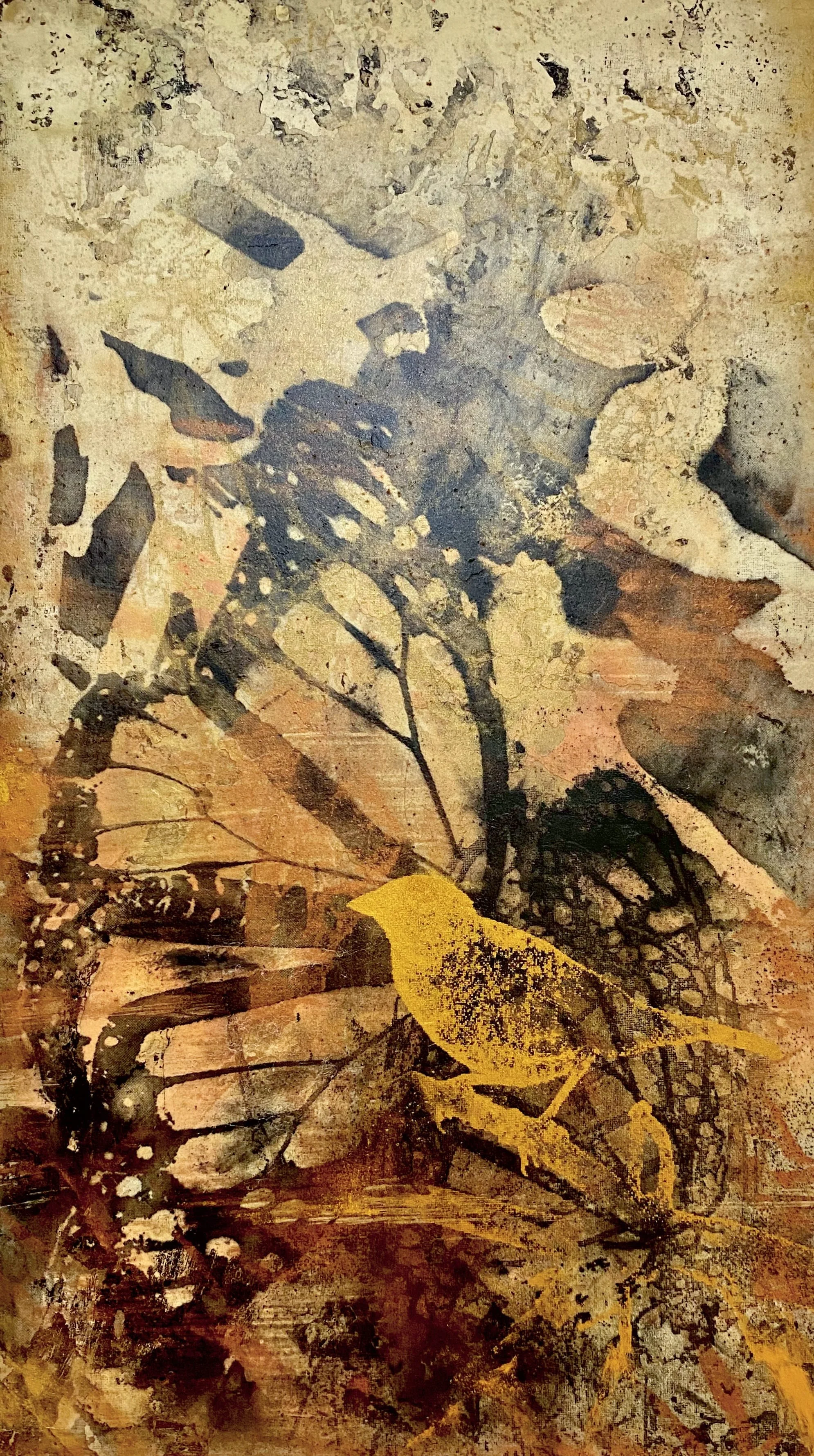 "Heading South", saggar fired stoneware with underglaze and bronze powders, 12" x 6.75" unframed, 18" x 12.75" $800 (framed)