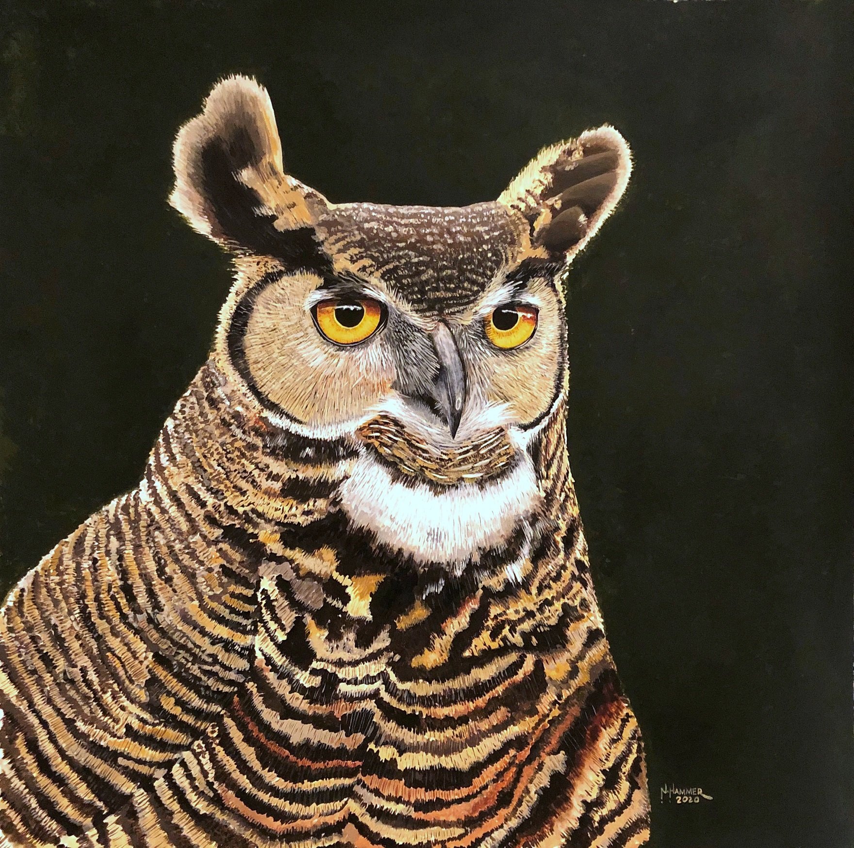 "Great Horned Owl IV", watercolor, 17" x 17" (image size), 24" x 24", $1,000 (framed)