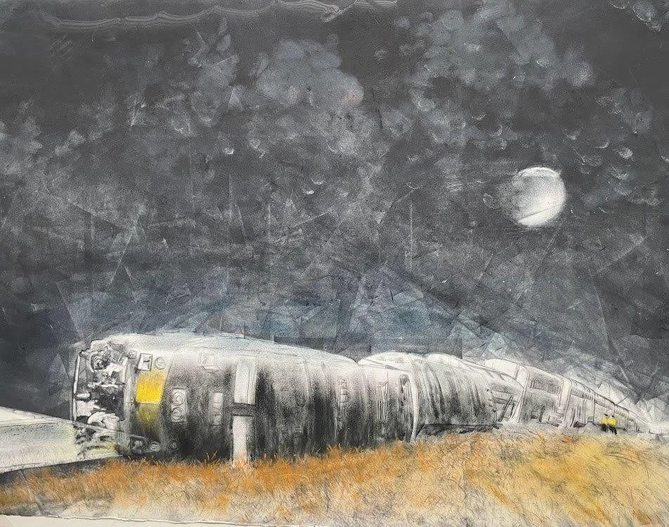 "Benkelman, Nebraska", monoprint with hand coloring, 25" x 30", $400 (framed) SOLD