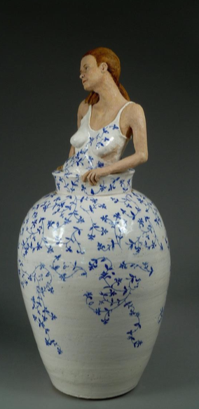 Art by DELANIE WISE, "Ginger", ceramic, glaze, underglaze, decals, 26” x 9” x 9”,  $1,800, poetry by FRANCES DONOVAN