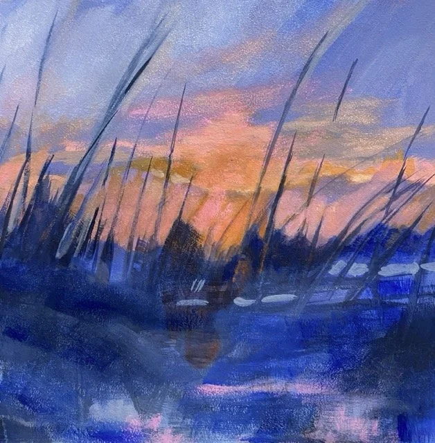 "Blue Dawn", gouache on board, 6" x 6", $150