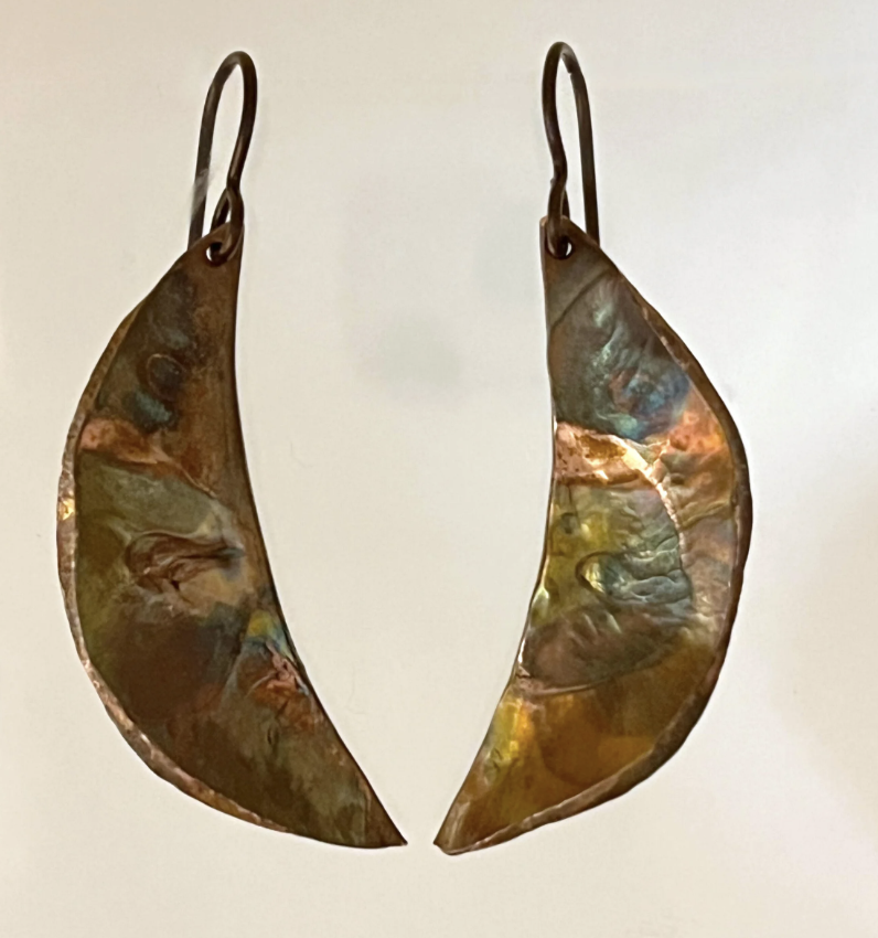 "Copper Leaf Unfurling Earrings", torch painted copper, 1.5" x 2", $60