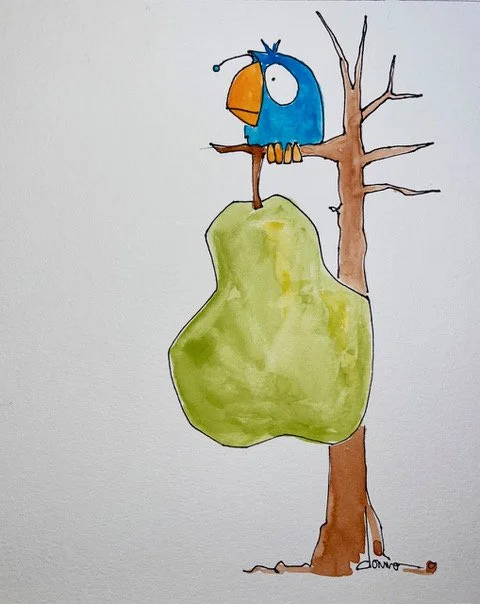 "In A Pear Tree", watercolor &amp; ink, 10" x 8", $50 (framed) SOLD