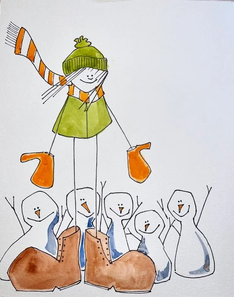 "Snowies", watercolor &amp; ink, 10" x 8", $50 (framed)