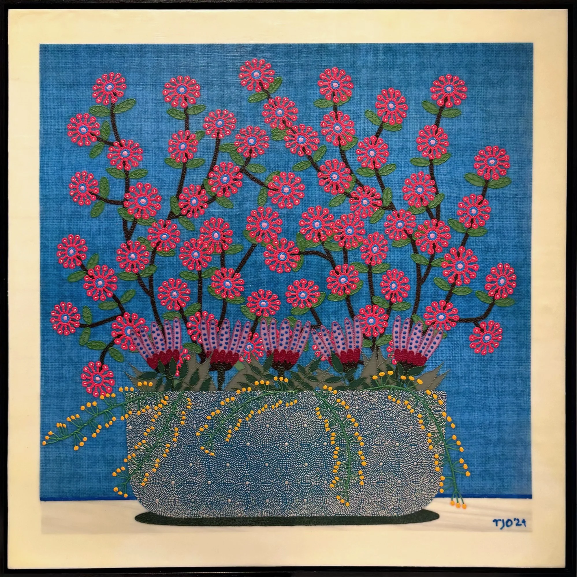 "Red Flowers In A Silver &amp; Blue Bowl", mixed media encaustic, 30" x 30", $2,350 (framed)
