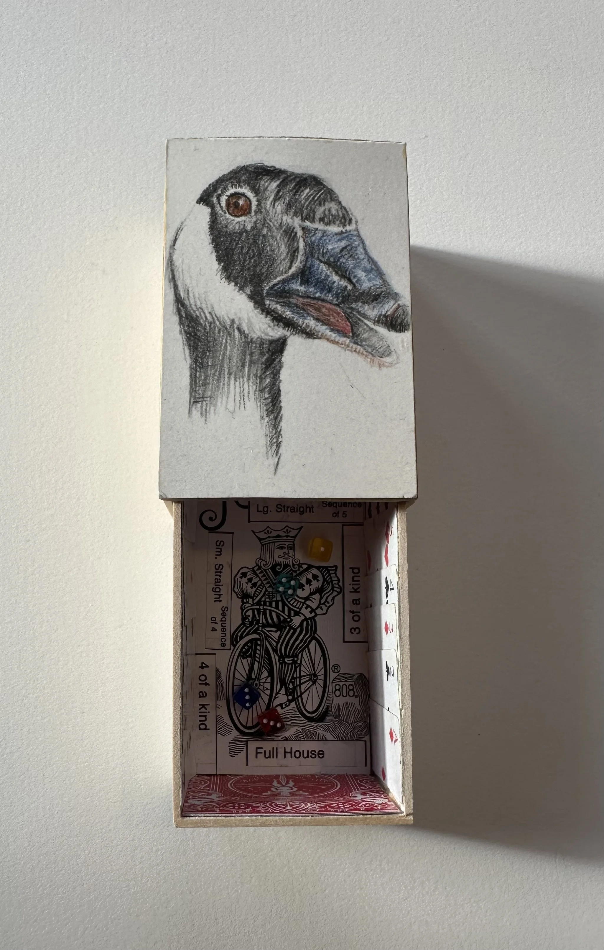 "Canada Goose", bass wood artist made box, prisma color pencils, graphite, objects, 2" x 1.5" x 3", $200