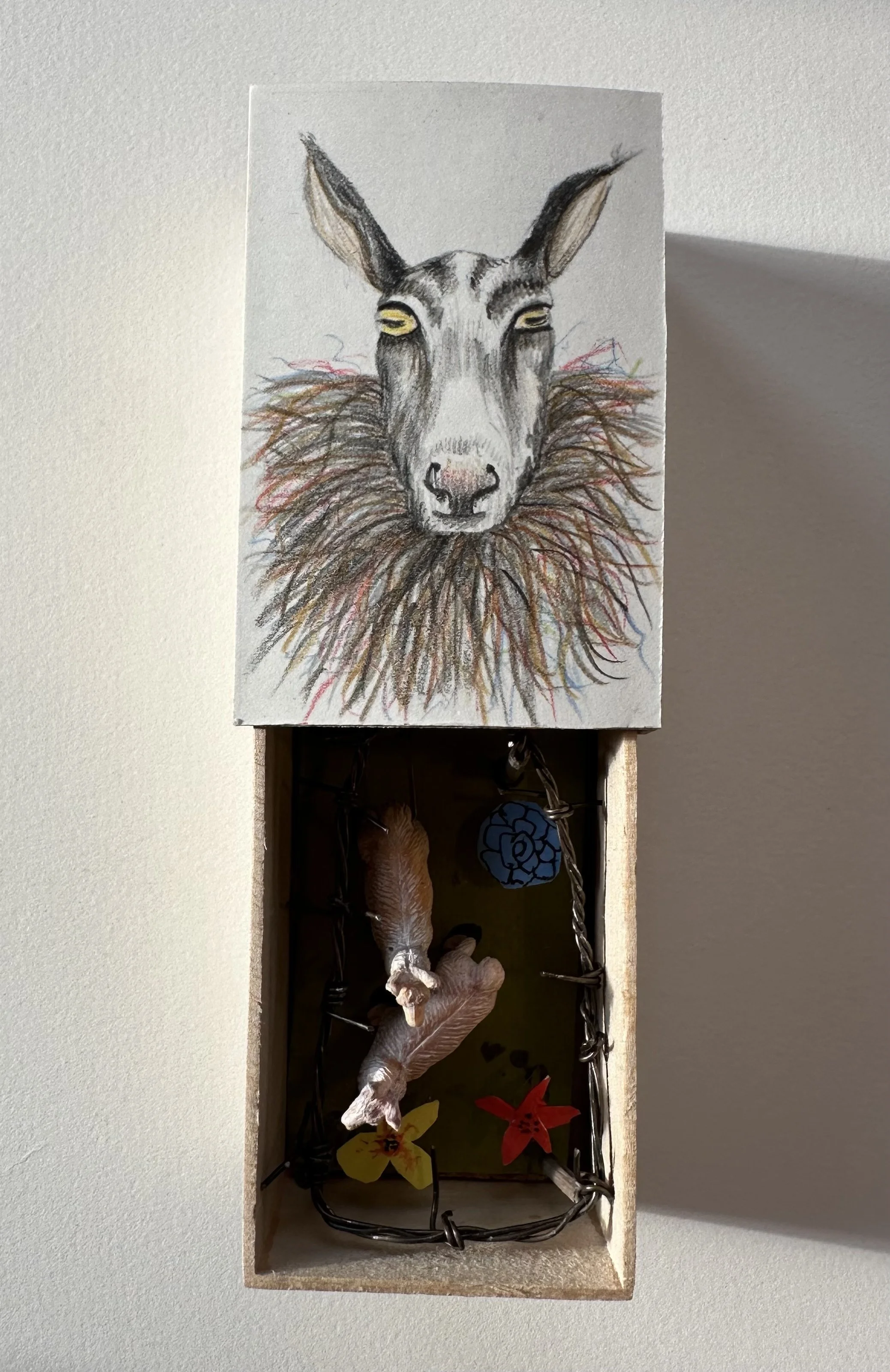 "Cheviot Sheep", bass wood artist made box, prisma color pencils, graphite, objects, 2" x 1.5" x 3", $200